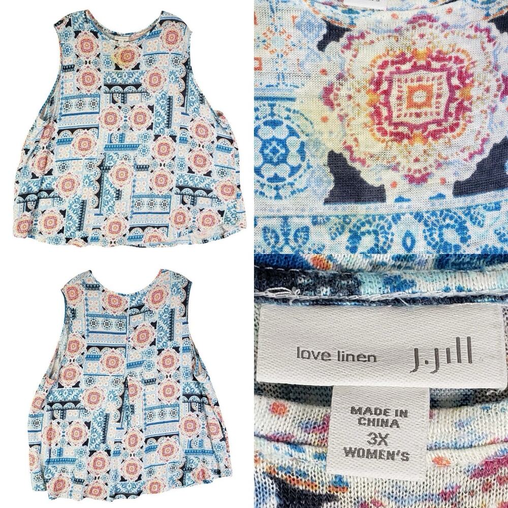 J.Jill Love Linen Sleeveless Tank Top Womens Plus Size 3X Multicolor Geometric